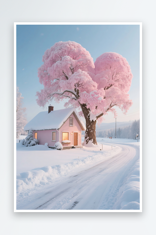 感恩节爱心冬季雪景粉树背景图-众图网