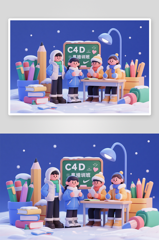 冬季培训班学生人物模型插画-众图网