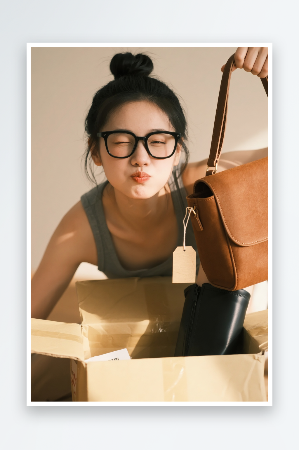 女包网购购物拆快递开箱人物摄影图素材