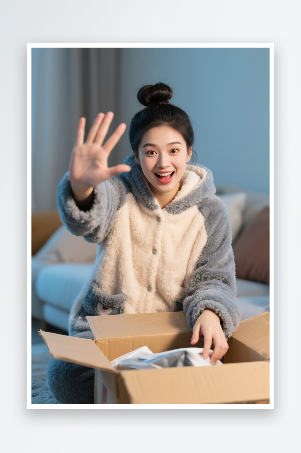 穿睡衣女生网购购物拆快递开箱人物摄影图素材