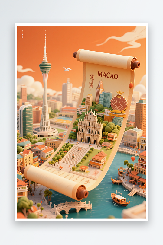 澳门建筑主题插画设计元素背景图-众图网