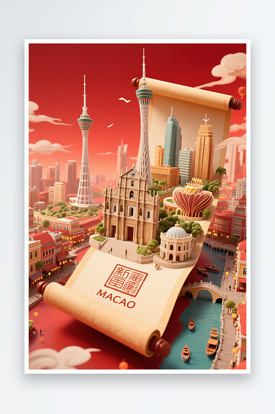 澳门建筑主题插画设计元素背景图-众图网