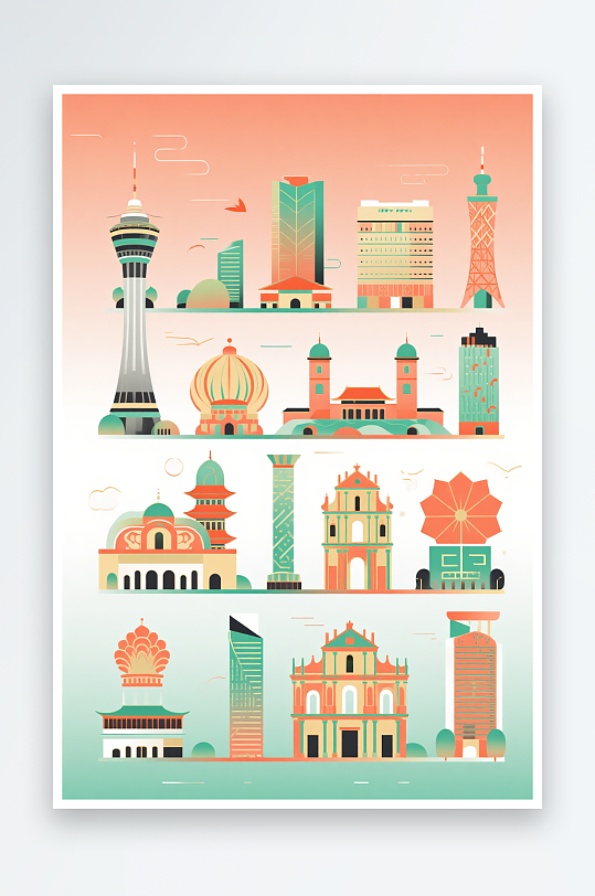 澳门建筑主题插画设计元素背景图-众图网