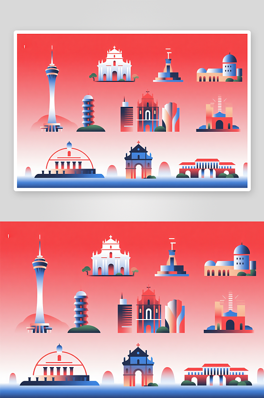 澳门建筑主题插画设计元素背景图-众图网