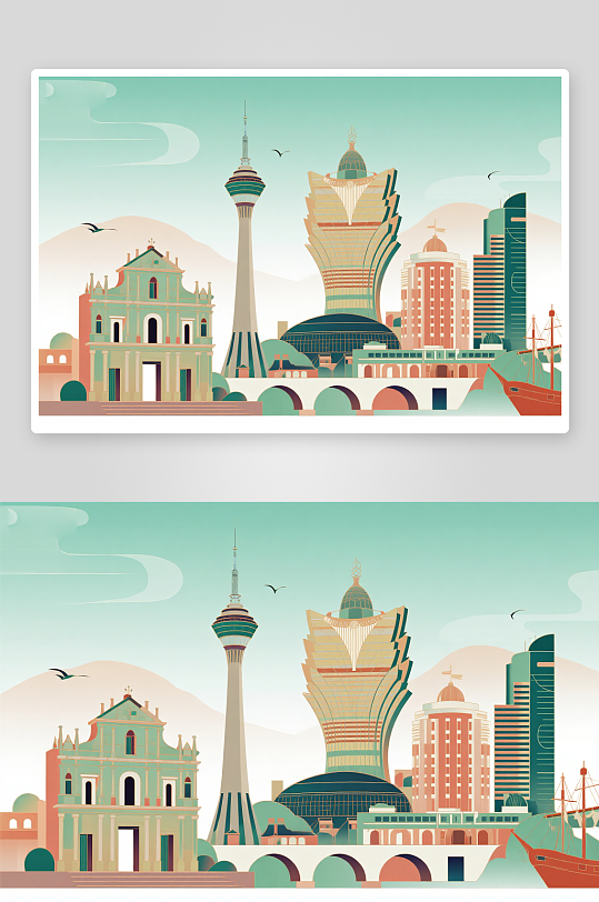 澳门建筑主题插画设计元素背景图-众图网