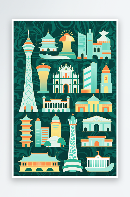 澳门建筑主题插画设计元素背景图-众图网