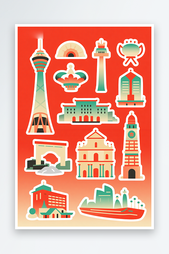 澳门建筑主题插画设计元素背景图-众图网
