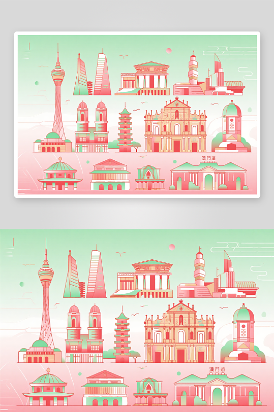 澳门建筑主题插画设计元素背景图-众图网