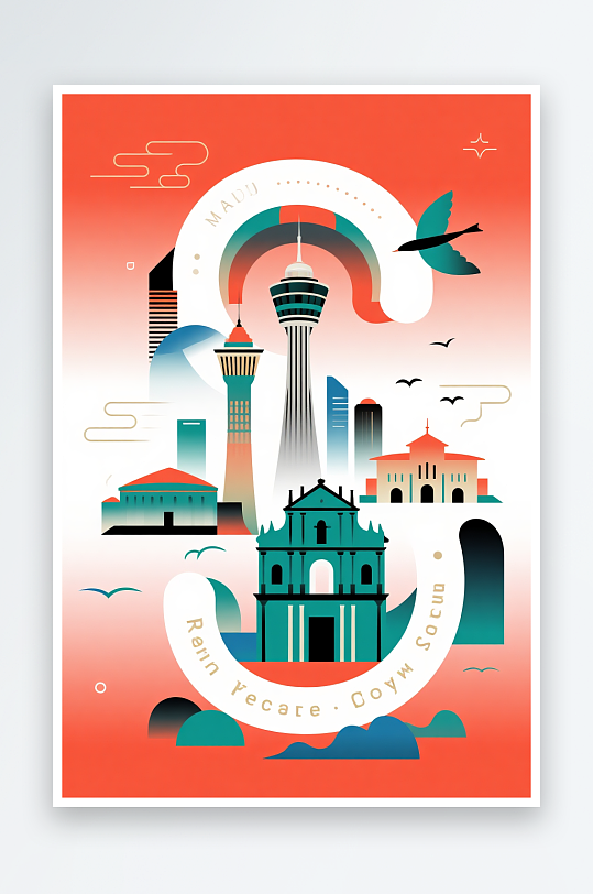 澳门建筑主题插画设计元素背景图-众图网