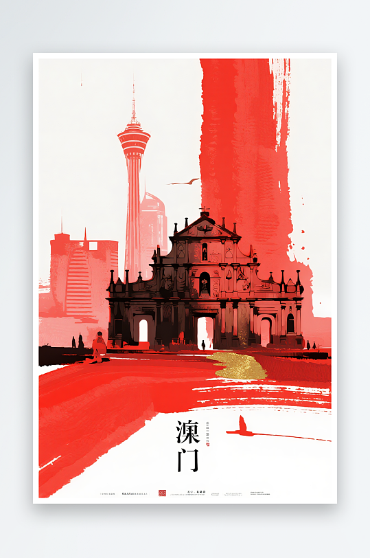 澳门建筑主题插画设计元素背景图-众图网