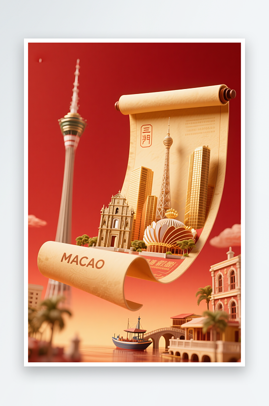 澳门城市建筑主题插画设计元素背景图-众图网