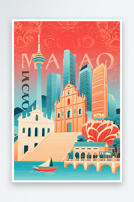 澳门城市建筑主题插画设计元素背景图-众图网