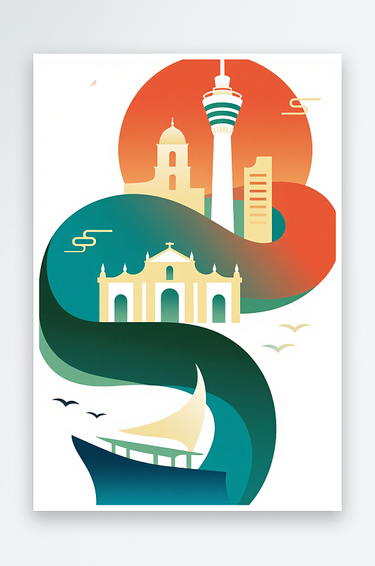 澳门城市建筑主题插画设计元素背景图-众图网