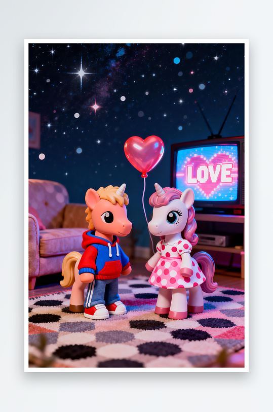 浪漫小马立体模型马年情人节插画-众图网