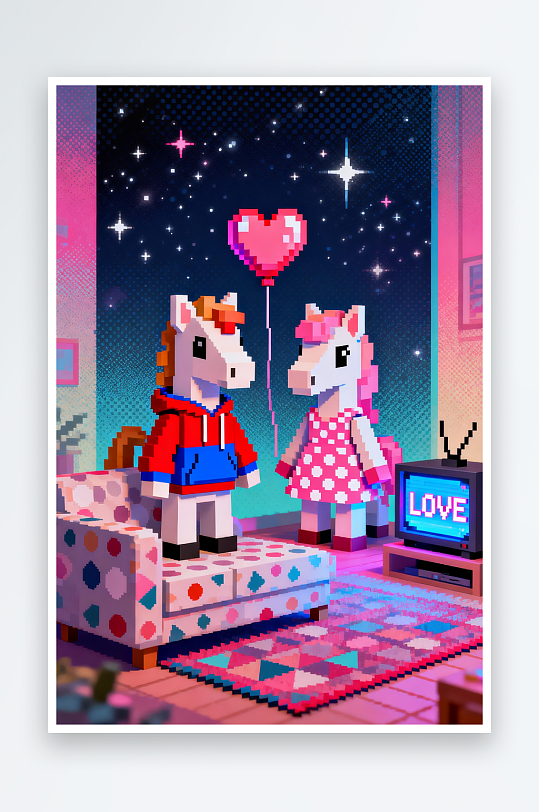 浪漫小马立体模型马年情人节插画-众图网