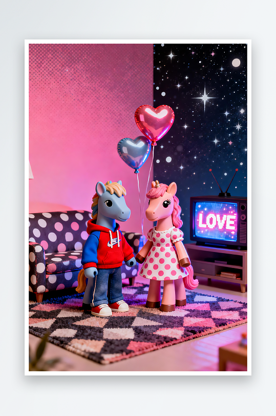 浪漫小马立体模型马年情人节插画-众图网