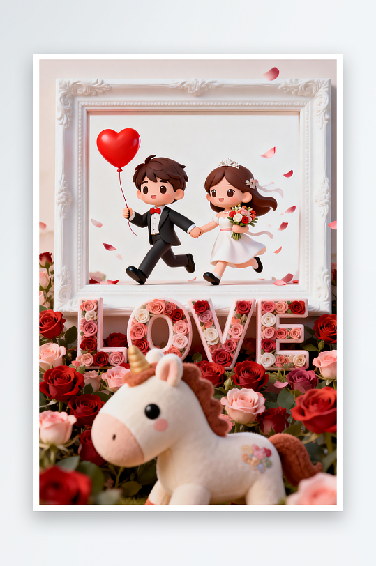 浪漫婚纱照马年情人节人物插画-众图网
