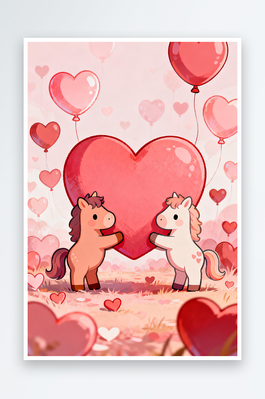 浪漫爱心粉色小马马年情人节插画-众图网