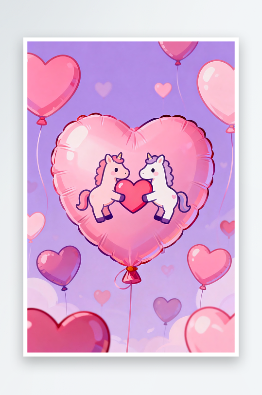 浪漫爱心粉色小马马年情人节插画-众图网