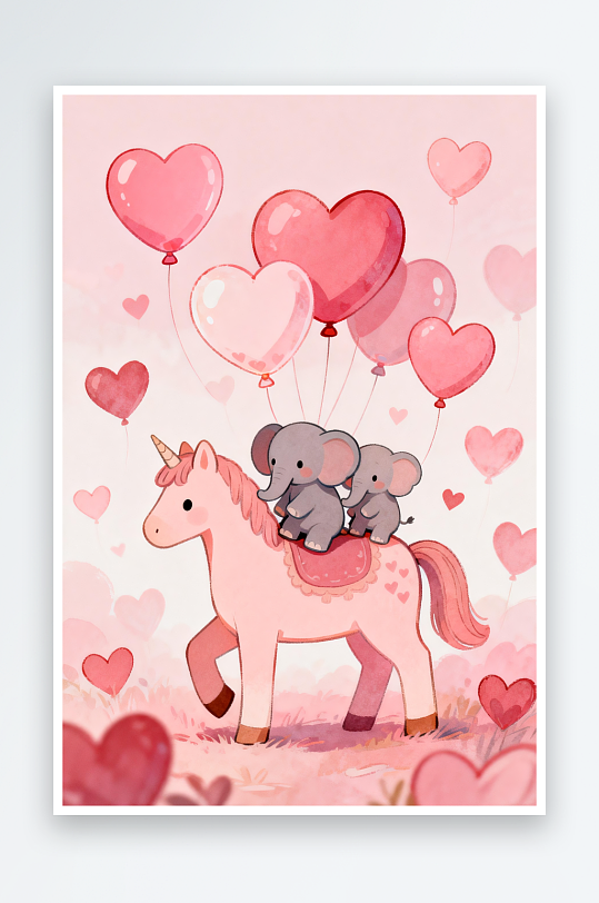 浪漫爱心粉色小马马年情人节插画-众图网