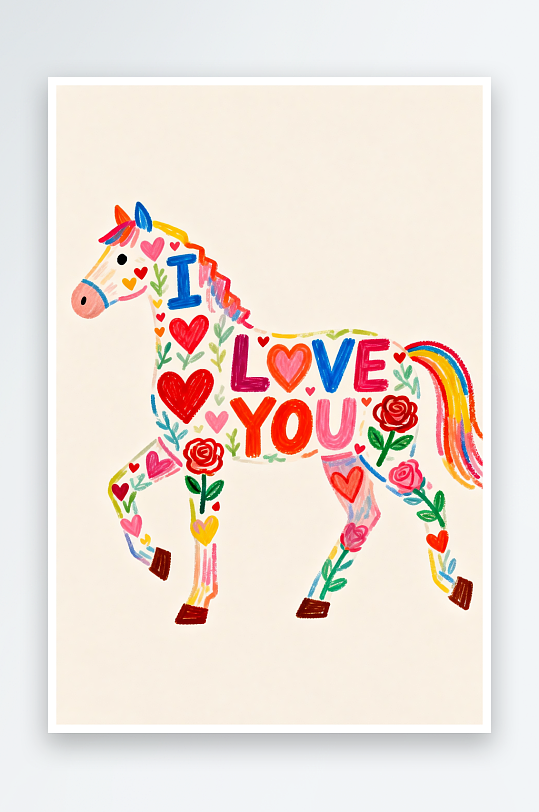 浪漫爱心粉色小马马年情人节插画-众图网