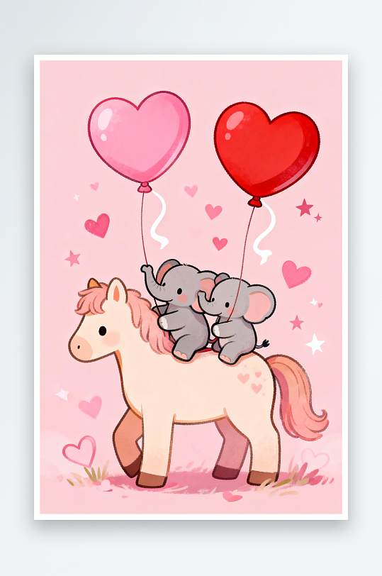 浪漫爱心粉色小马马年情人节插画-众图网