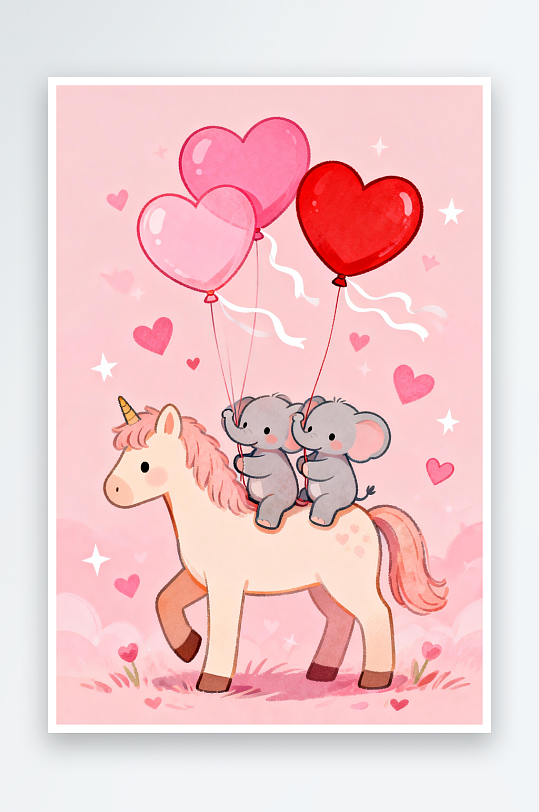 浪漫爱心粉色小马马年情人节插画-众图网
