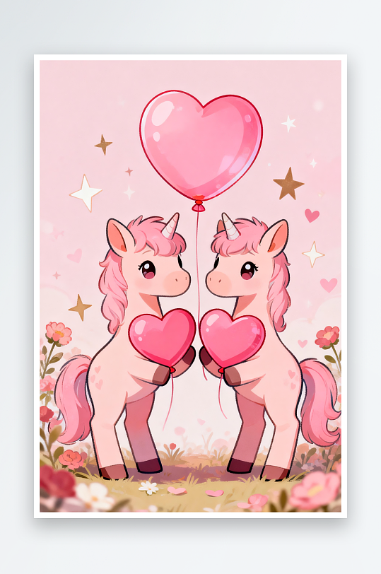 浪漫爱心粉色小马马年情人节插画-众图网