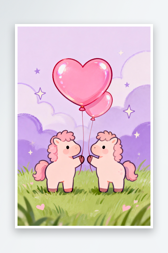 浪漫爱心粉色小马马年情人节插画-众图网