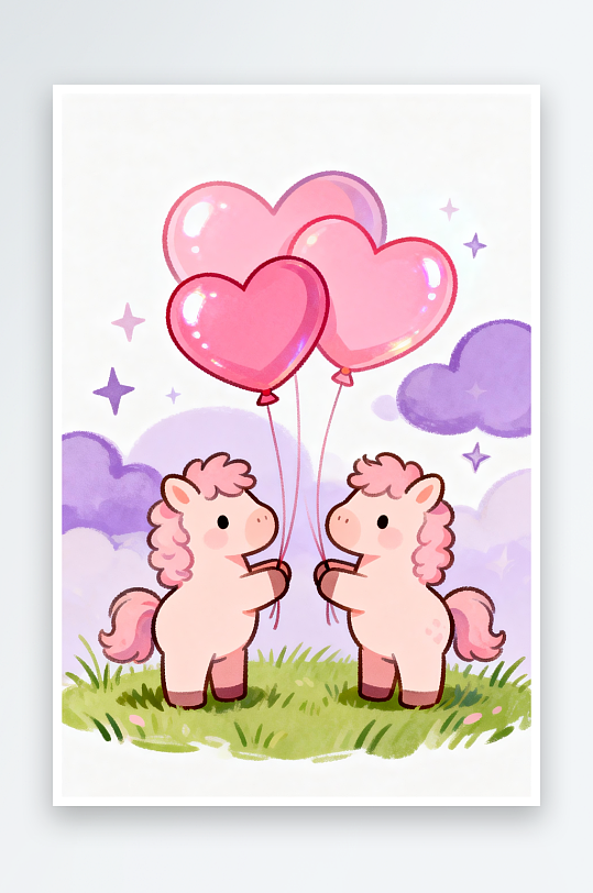 浪漫爱心粉色小马马年情人节插画-众图网