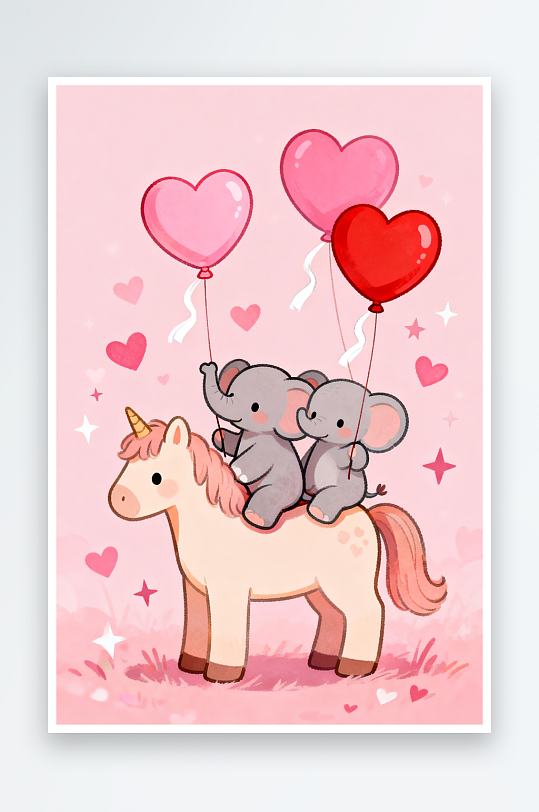 浪漫爱心粉色小马马年情人节插画-众图网