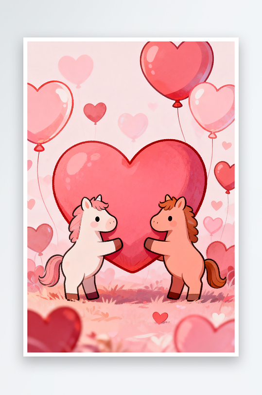 浪漫爱心粉色小马马年情人节插画-众图网