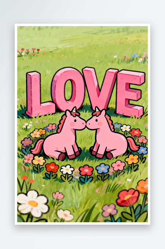 卡通小马马年情人节插画-众图网