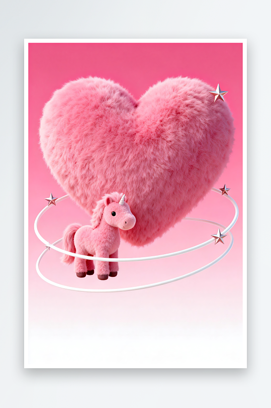 粉色毛绒感爱心小马马年情人节插画-众图网