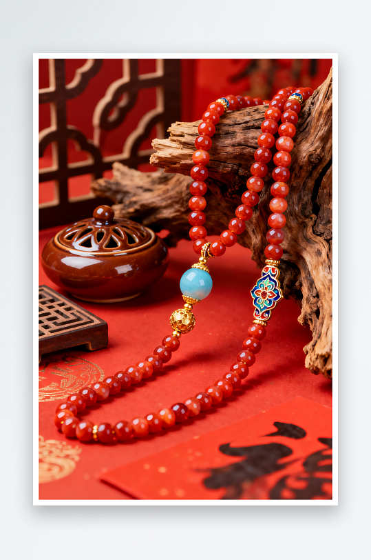 红色珊瑚项链新年春节珠宝首饰黄金摄影图-众图网