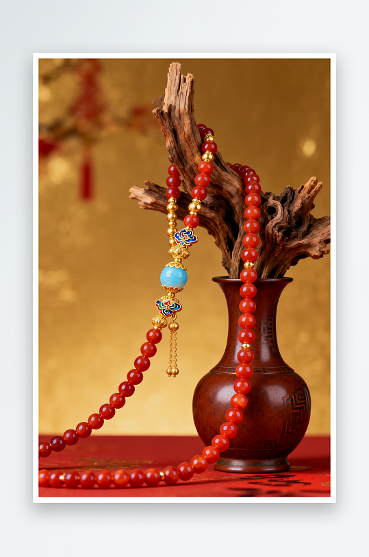 红色珊瑚项链新年春节珠宝首饰黄金摄影图-众图网