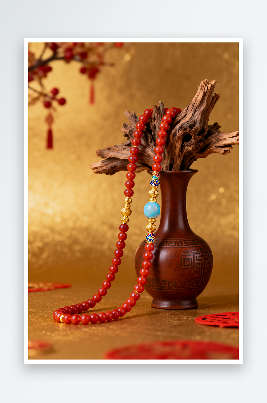 红色珊瑚项链新年春节珠宝首饰黄金摄影图-众图网
