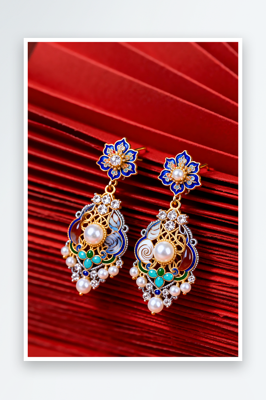 珐琅彩耳环新年春节珠宝首饰黄金摄影图-众图网