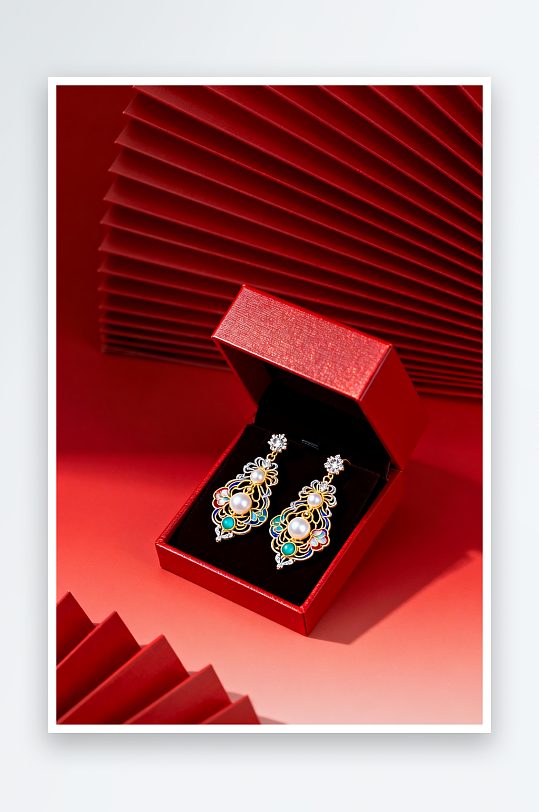 珐琅彩耳环新年春节珠宝首饰黄金摄影图-众图网