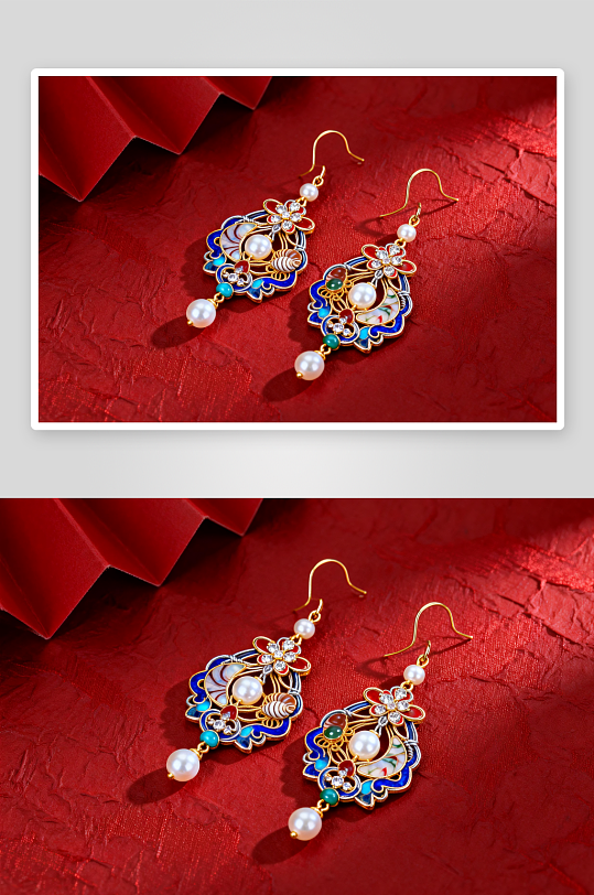 珐琅彩耳环新年春节珠宝首饰黄金摄影图-众图网