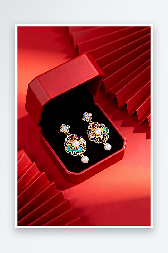 珐琅彩耳环新年春节珠宝首饰黄金摄影图-众图网