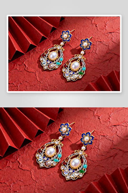 珐琅彩耳环新年春节珠宝首饰黄金摄影图-众图网