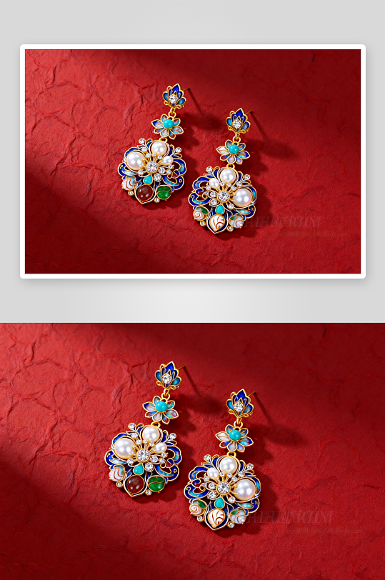 珐琅彩耳环新年春节珠宝首饰黄金摄影图-众图网