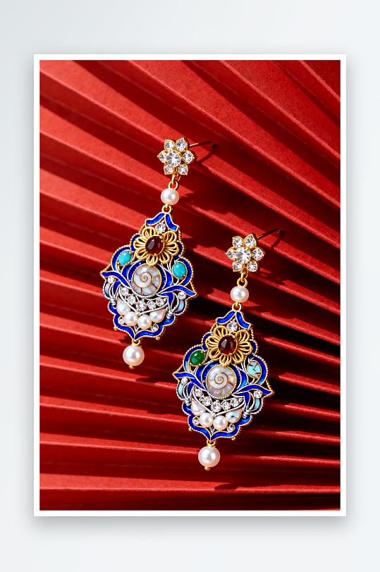 珐琅彩耳环新年春节珠宝首饰黄金摄影图-众图网