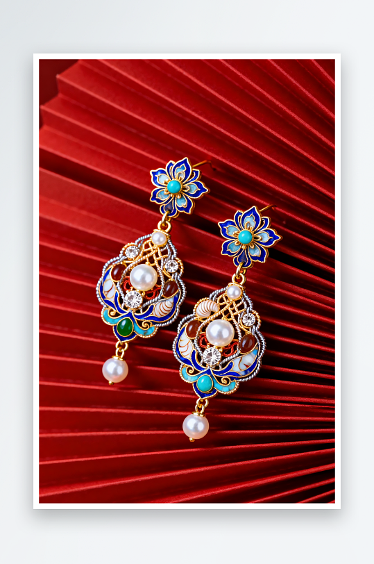 珐琅彩耳环新年春节珠宝首饰黄金摄影图-众图网