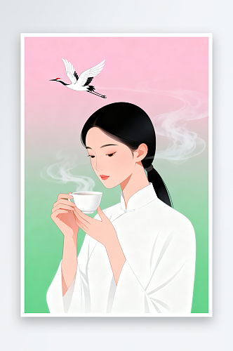 青白衣女子春茶茶叶茶文化喝茶人物插画