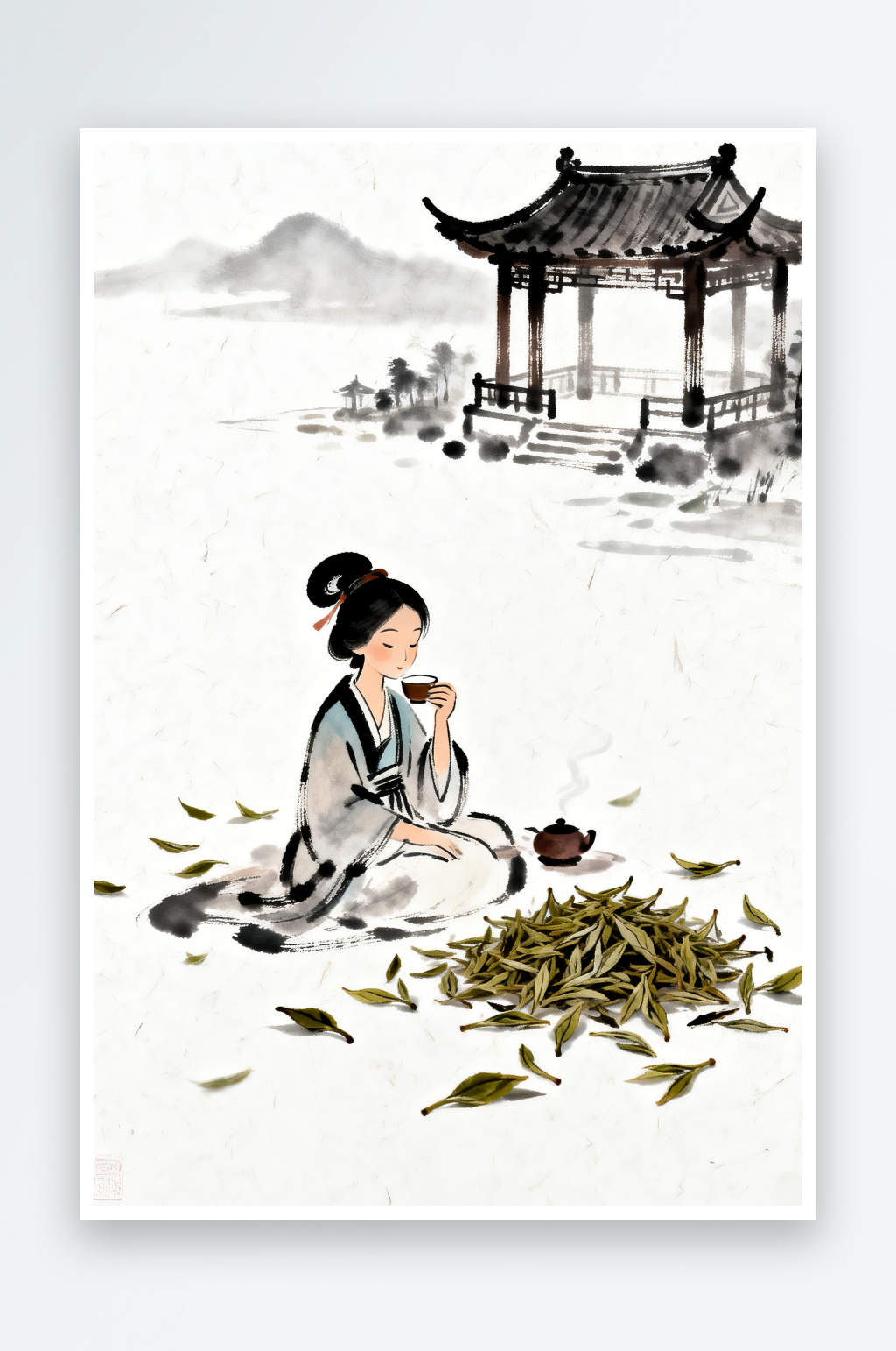 古亭女子春茶茶叶茶文化喝茶人物插画素材