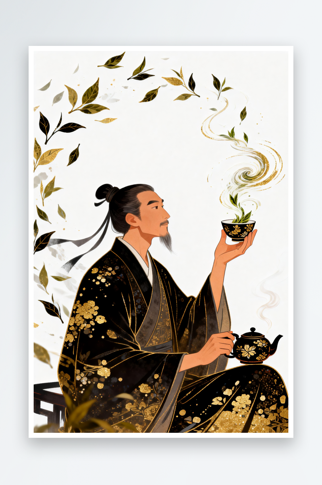 古代男子春茶茶叶茶文化喝茶人物插画素材