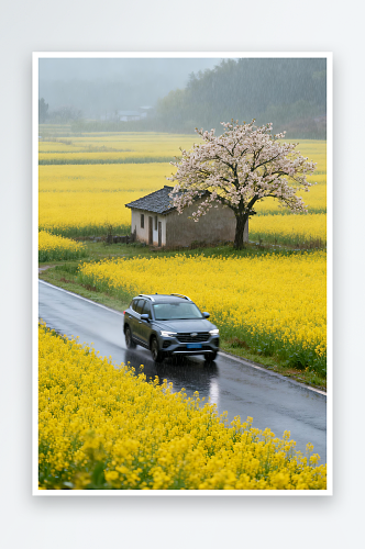 油菜花春季汽车小轿车摄影图