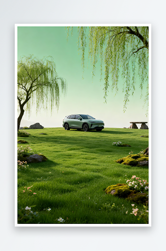 绿色草地春季汽车小轿车摄影图